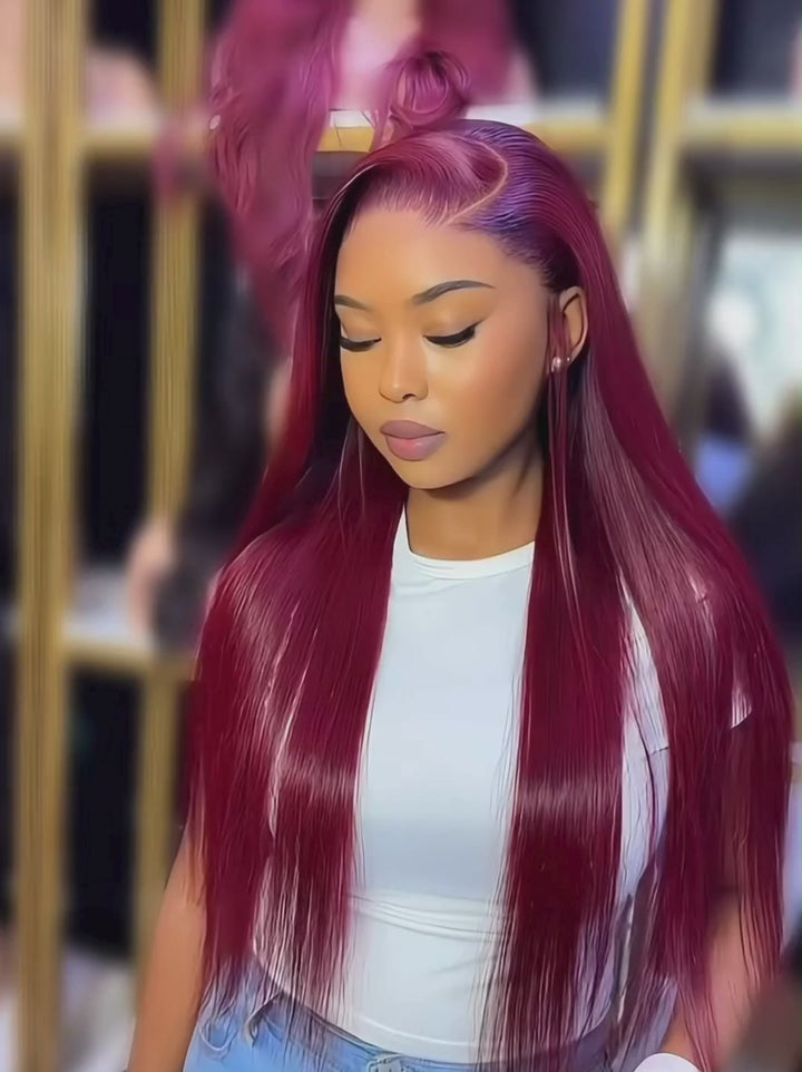 Dorsanee 250 300 Density Burgundy Red Bone Straight 13x4 Lace Front Human Hair Wigs