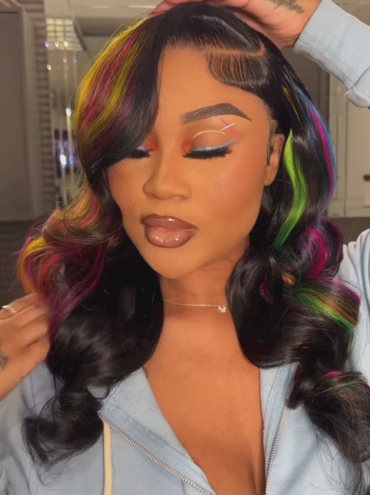 Dorsanee Black With Red Yellow Green Blue Highlights 13x4 Lace Front Human Hair Wigs