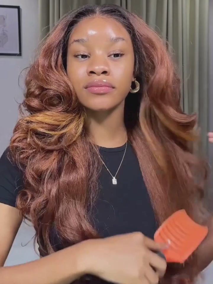 Dorsanee Auburn Copper Brown Voluminous Loose Body Wave Honey Caramel Highlights 13x4 Lace Front Human Hair Wigs