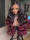 Dorsanee Ombre Black Deep Burgundy Red Voluminous Soft Big Bouncy Loose Body Wave Curls 300 Density 13x4 Lace Front Human Hair Wig