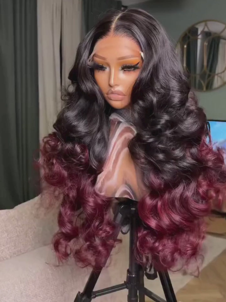Dorsanee Ombre Black Deep Burgundy Red Voluminous Soft Big Bouncy Loose Body Wave Curls 300 Density 13x4 Lace Front Human Hair Wig