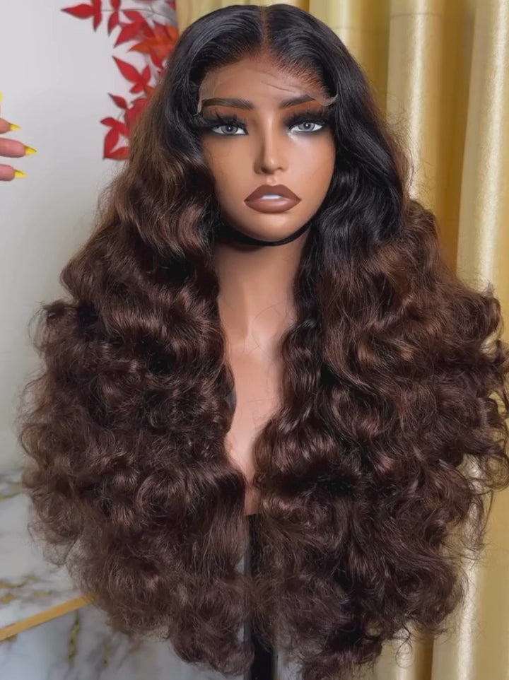 Dorsanee Ombre Black Brown Bouncy Loose Wave 300 Density 13x4 Lace Front Human Hair Wigs