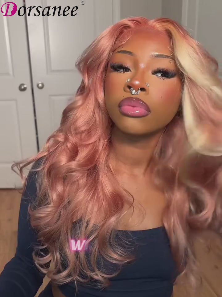 Dorsanee Highlights Blonde & Pink Skunk Stripe Colored Body Wave 13x4 Lace Frontal Wig