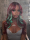 Dorsanee Burgundy Red With Pastel Green Highlights 13x4 Lace Front Virgin Human Hair Wigs