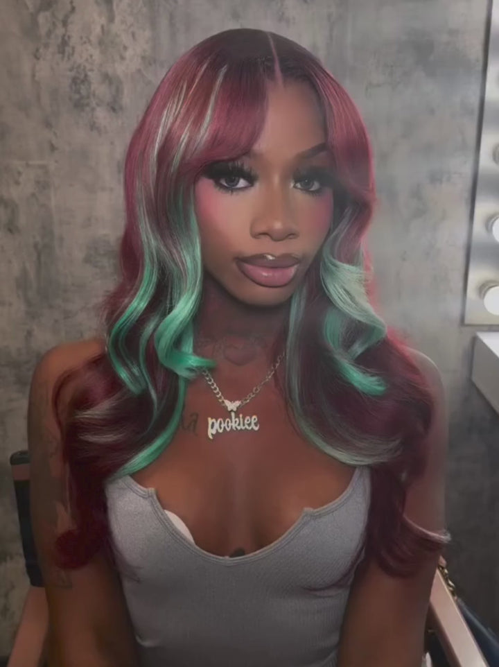 Dorsanee Burgundy Red With Pastel Green Highlights 13x4 Lace Front Virgin Human Hair Wigs