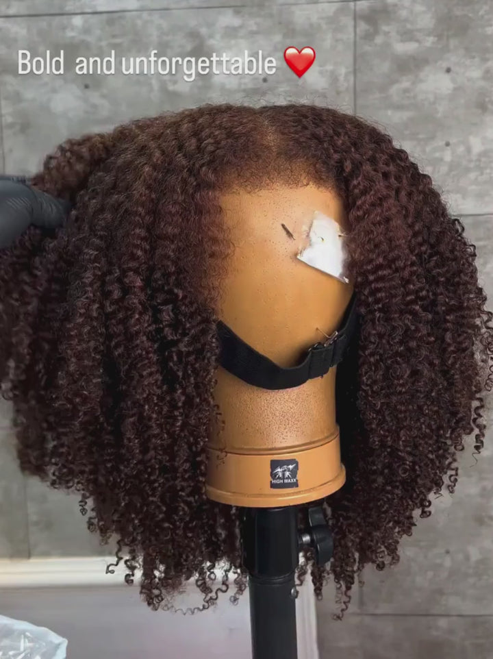 Dorsanee Dark Burgundy Brown Coily Kinky Curly Short Bob 13x4 Lace Front Human Hair Wigs
