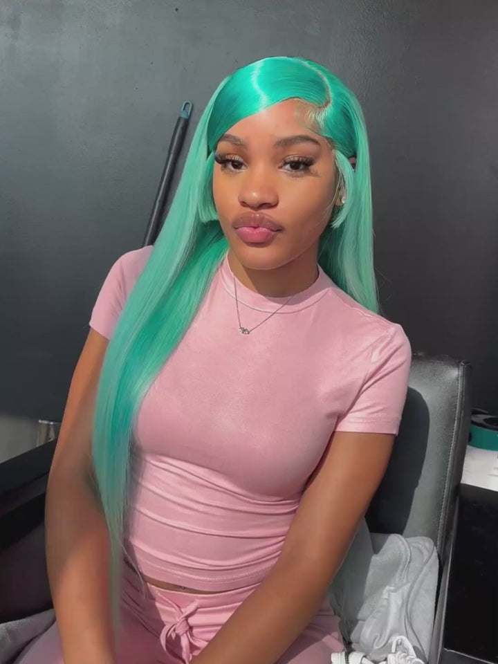 Dorsanee 200 Density Pastel Green 13x4 Lace Front Straight Body Wave Human Hair Wigs