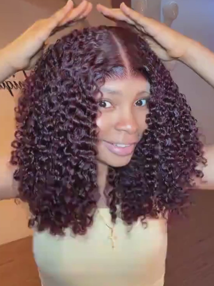 Dorsanee Deep Burgundy Red Defined Tight Curly Short Bob 13x4 Lace Front Human Hair Wigs