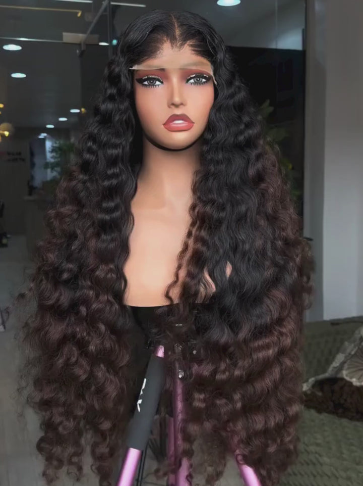 Dorsanee Ombre Black Brown Loose Deep Wave Curls 300 Density 13x4 Lace Front Human Hair Wigs