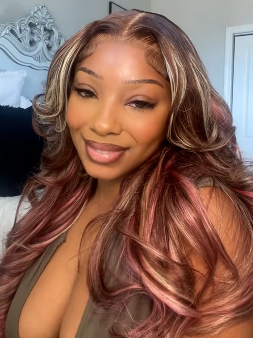 kniamyaw same hairstyle Pink Skunk Stripe Ombre Blonde and Pink Highlights Body Wave Lace Wig