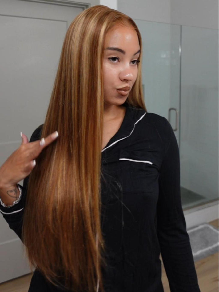 Honey Blonde Highlight Silky Straight Glueless 13x4 Frontal HD Transparent Lace Long Wig