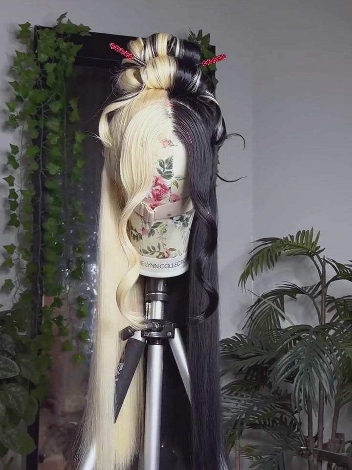 Dorsanee Split Dye Half Blonde Half Black Color 200 Density Lace Front Hair Wig