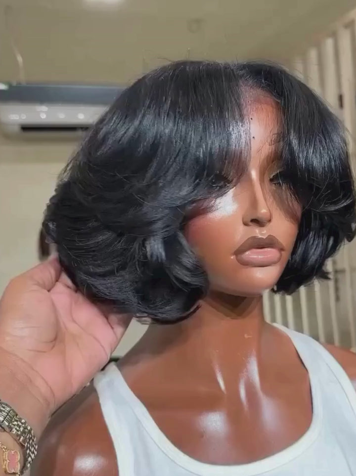 Dorsanee Short Layered Flip Curtain Bangs Bob 13x4 Lace Frontal Human Hair Wigs