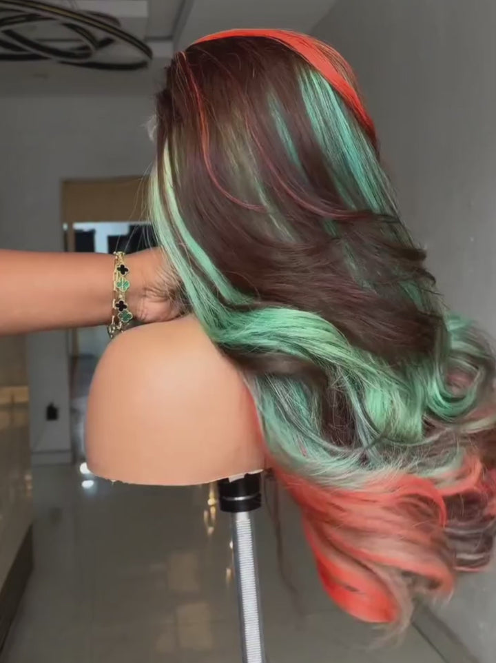 Dorsanee Brown With Bold Coral Peach Orange Mint Green Highlights 13X4 Lace Front Human Hair Wigs