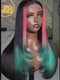 Dorsanee Black With Ombre Pink Green Skunk Stripe 13x4 Lace Front Human Hair Wig