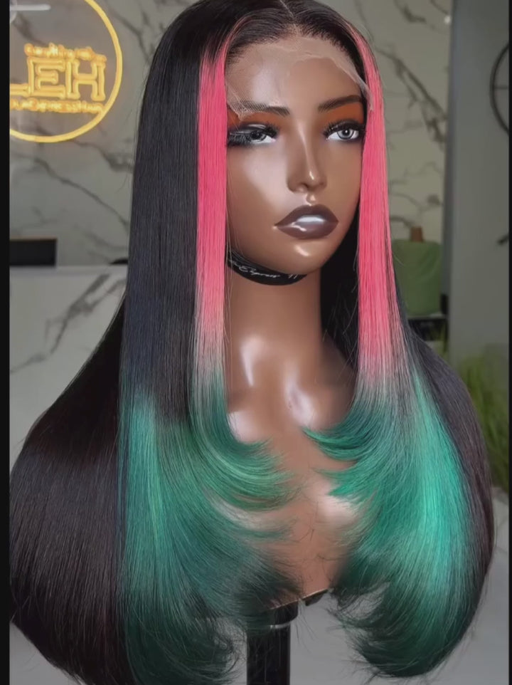 Dorsanee Black With Ombre Pink Green Skunk Stripe 13x4 Lace Front Human Hair Wig