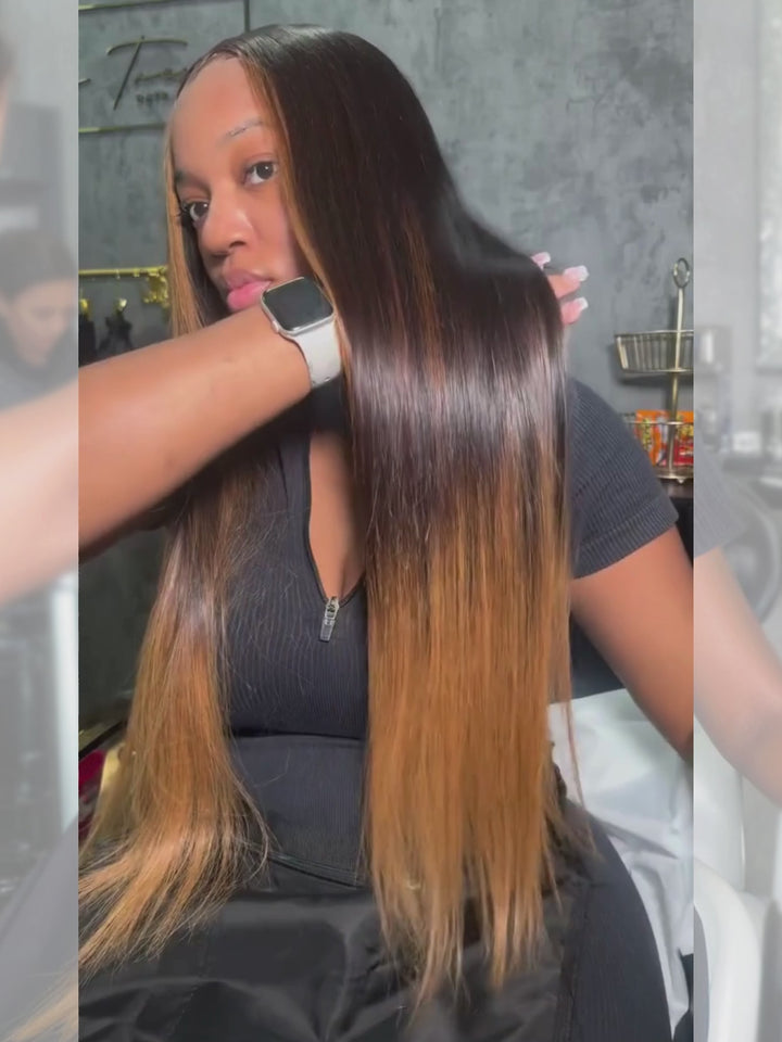 Dorsanee Ombre Black Brown Skunk Stripe Bone Straight 13x4 Lace Front Virgin Human Hair Wig