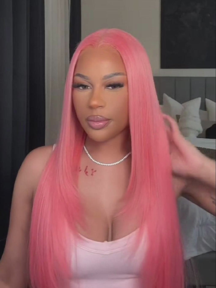 Rose Pink Short Colored Human Hair Wigs Brazilian 13x4 Straight Lace Front Wigs Transparent Lace Pre Plucked Colored Wig