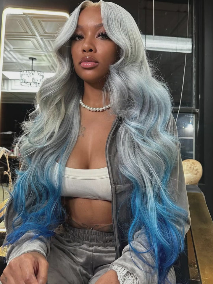 Dorsanee Ombre Gray Blue 200 Density 13x4 Lace Front Body Wave Human Hair Wigs