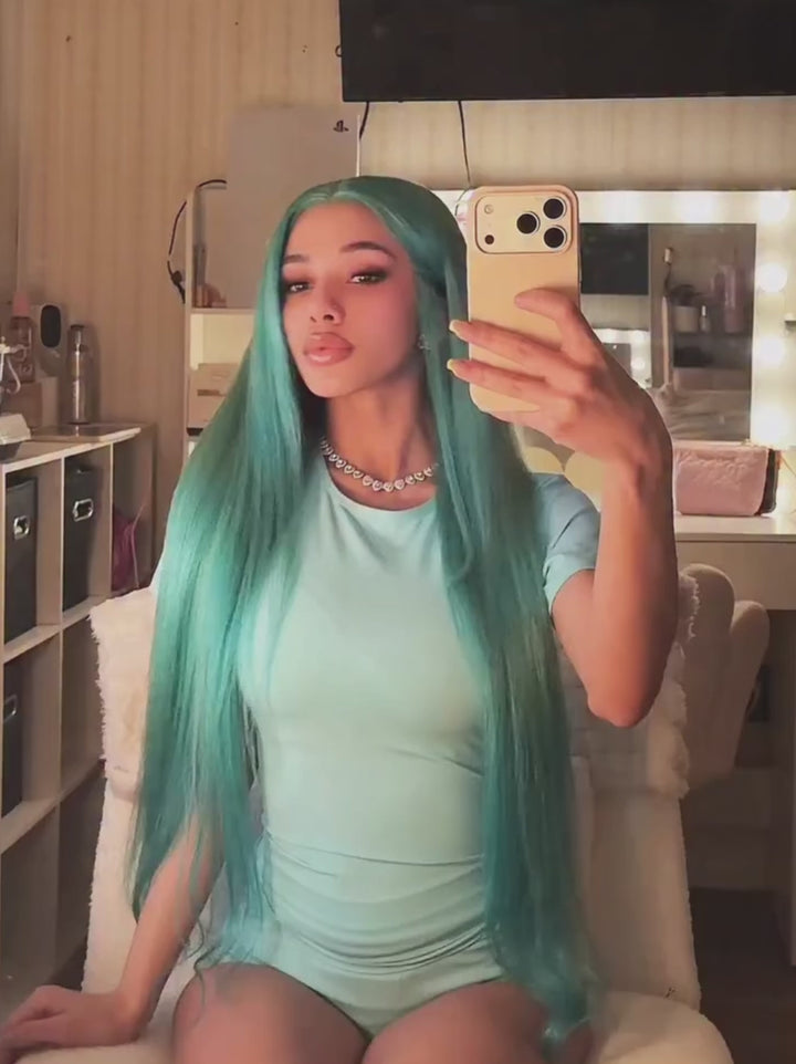 Dorsanee Luxury Summer Beach Vacations Aqua Teal Blue Green 13x4 Lace Front Human Hair Wig