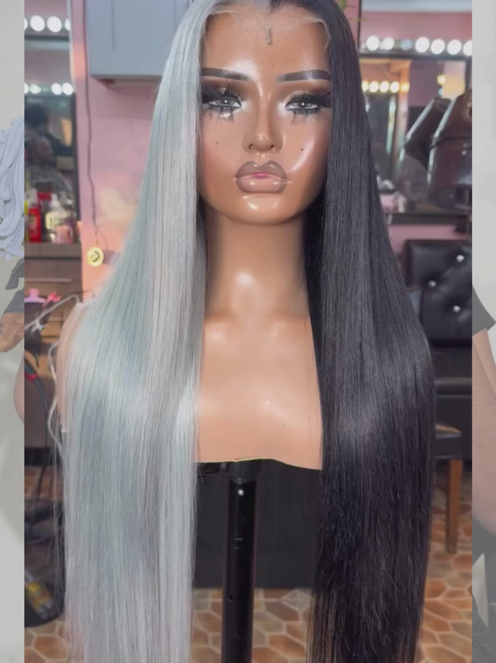 Dorsanee Halloween Cosplay Half Gray Half Black 13x4 Lace Front Virgin Human Hair Wigs