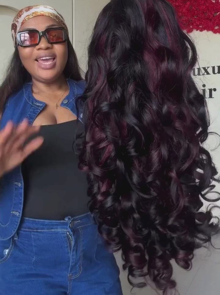 Dorsanee Black With Burgundy Red Highlights Bouncy Loose Curls 300 Density 13x4 Lace Front Human Hair Wigs