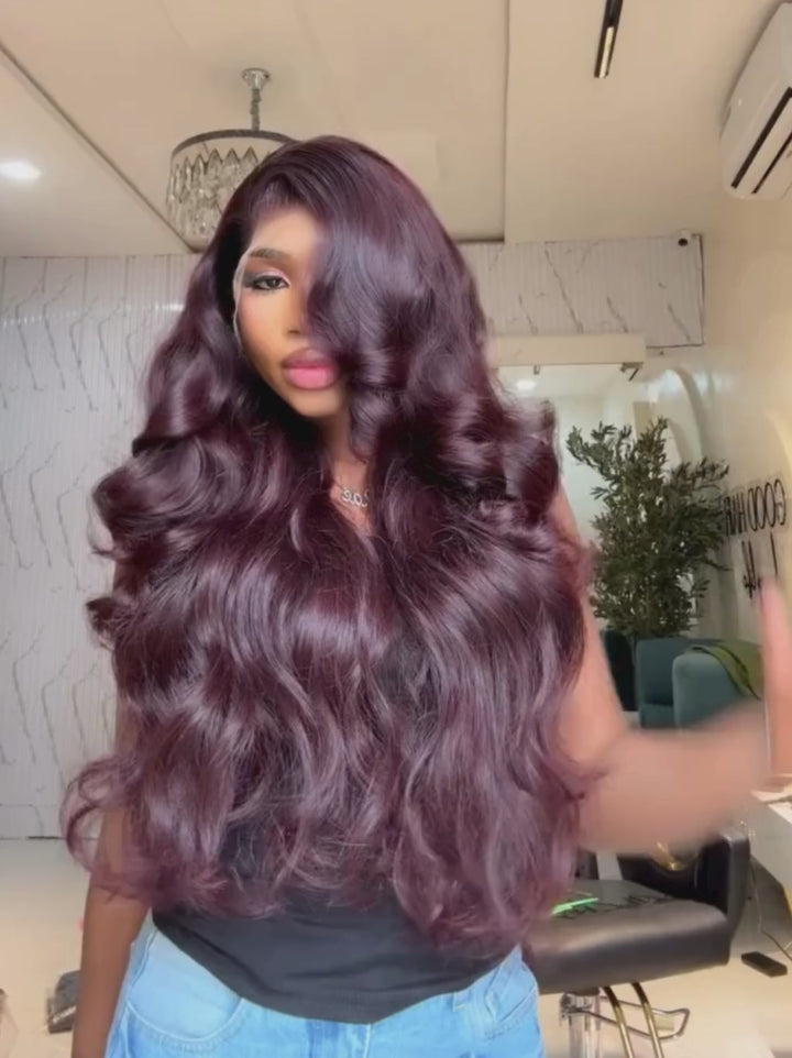 Dorsanee Dark Purple Burgundy Red Bouncy Loose Wave 13X4 Lace Front Remy Human Hair Wigs 250 300 Density