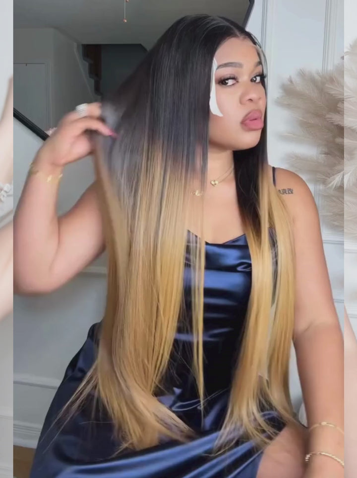 Dorsanee Ombre Black Strawberry Honey Blonde Bone Straight 13x4 Lace Front Human Hair Wigs 300 Density
