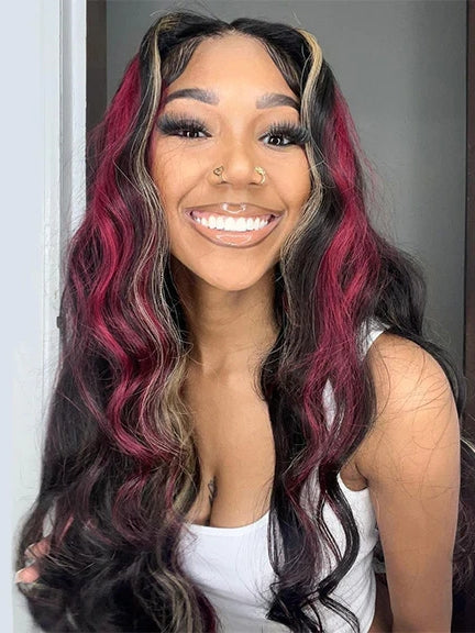Dorsanee Multi Color Highlight Black With Blonde Red Streaks Wigs Body Wave 13x4 Lace Front Wigs
